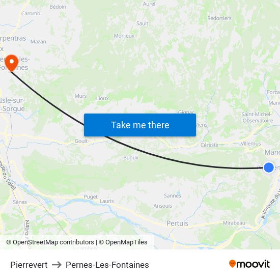 Pierrevert to Pernes-Les-Fontaines map