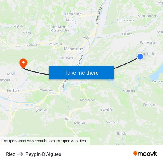 Riez to Peypin-D'Aigues map