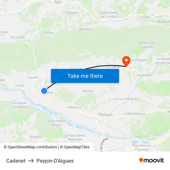 Cadenet to Peypin-D'Aigues map
