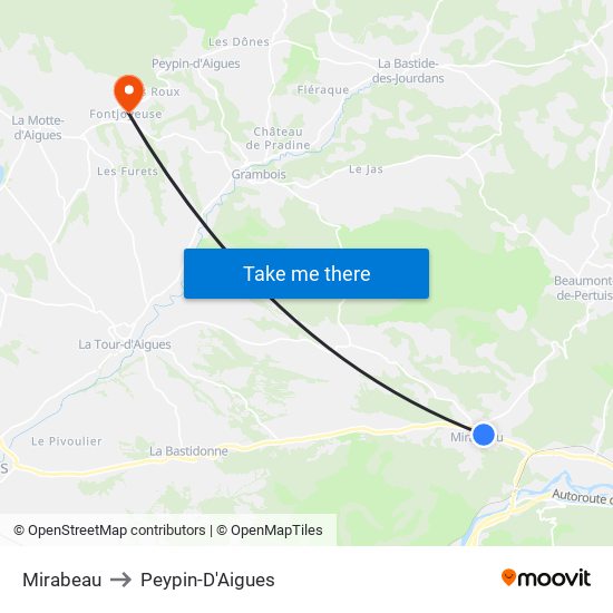 Mirabeau to Peypin-D'Aigues map