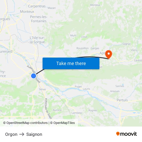 Orgon to Saignon map