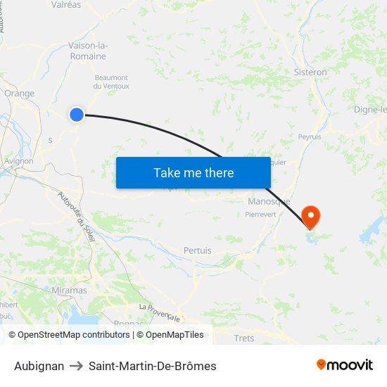 Aubignan to Saint-Martin-De-Brômes map