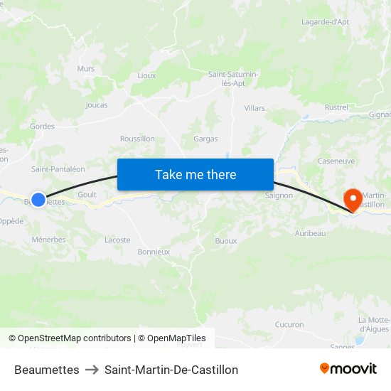 Beaumettes to Saint-Martin-De-Castillon map