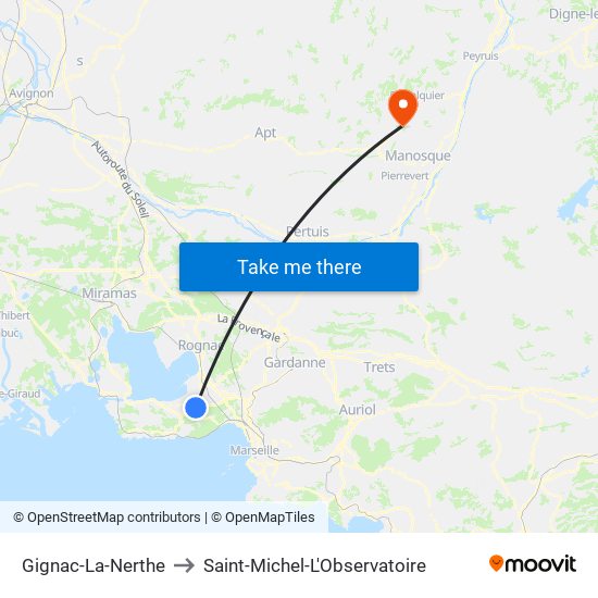 Gignac-La-Nerthe to Saint-Michel-L'Observatoire map