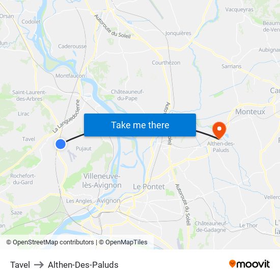 Tavel to Althen-Des-Paluds map