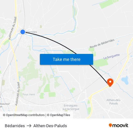 Bédarrides to Althen-Des-Paluds map