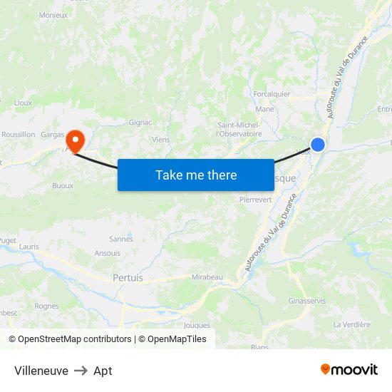 Villeneuve to Apt map