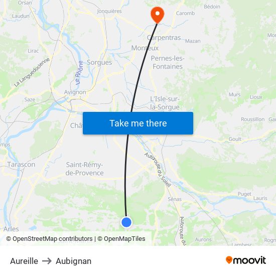 Aureille to Aubignan map