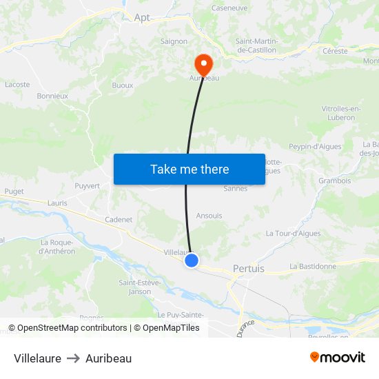 Villelaure to Auribeau map
