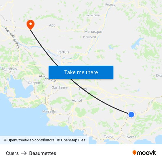 Cuers to Beaumettes map