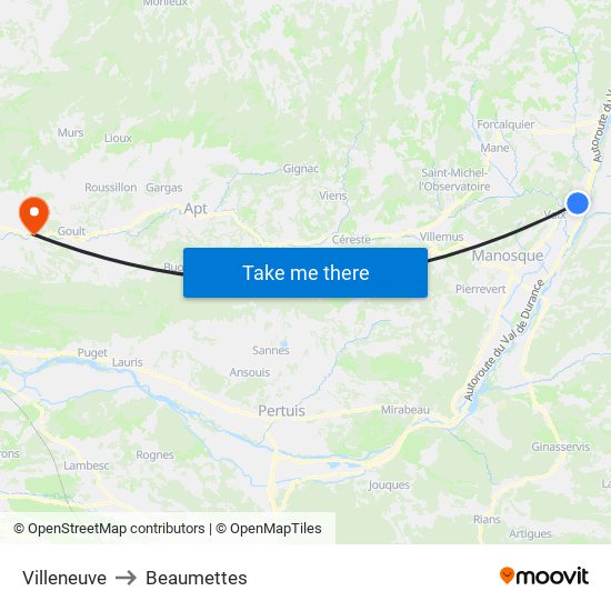 Villeneuve to Beaumettes map