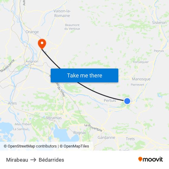 Mirabeau to Bédarrides map