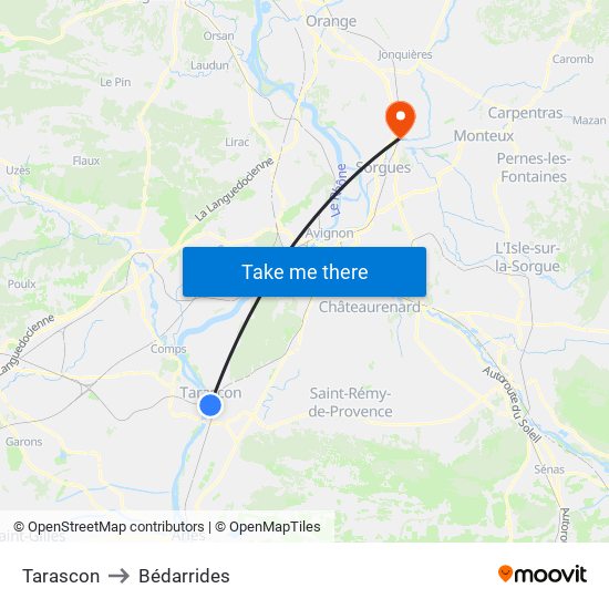 Tarascon to Bédarrides map