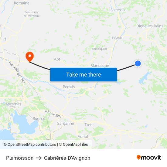Puimoisson to Cabrières-D'Avignon map
