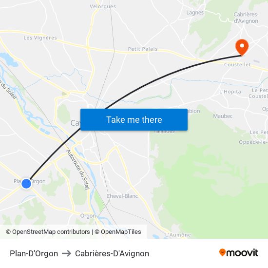 Plan-D'Orgon to Cabrières-D'Avignon map