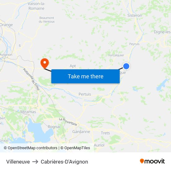 Villeneuve to Cabrières-D'Avignon map