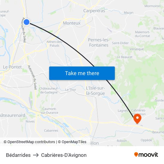 Bédarrides to Cabrières-D'Avignon map