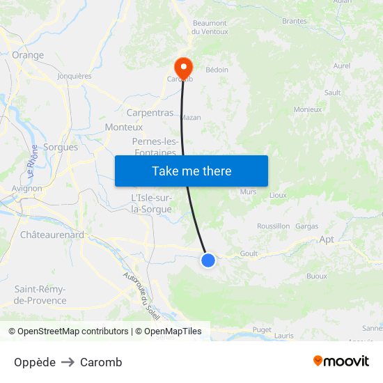 Oppède to Caromb map