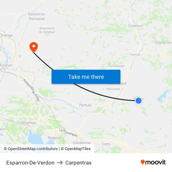 Esparron-De-Verdon to Carpentras map