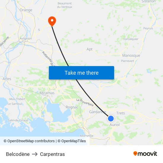 Belcodène to Carpentras map