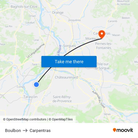Boulbon to Carpentras map