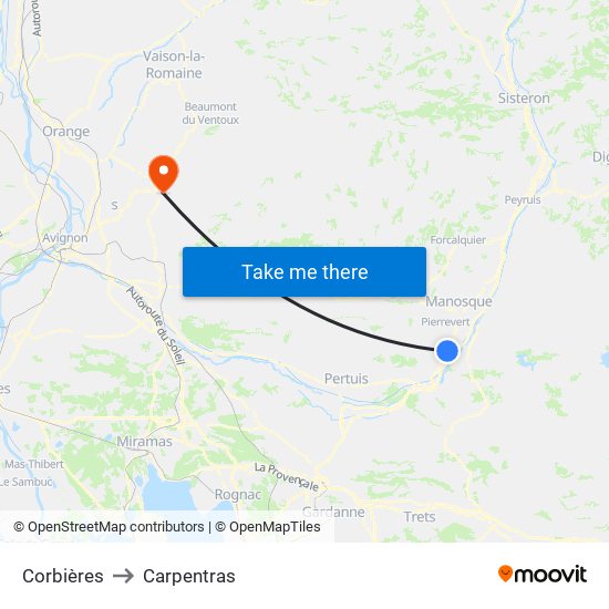 Corbières to Carpentras map