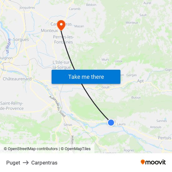Puget to Carpentras map