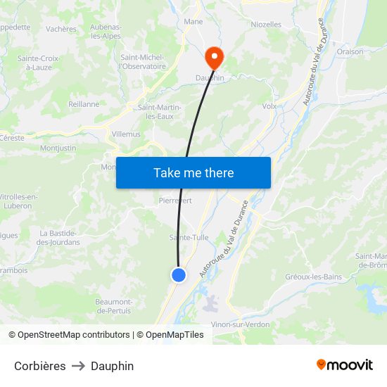 Corbières to Dauphin map