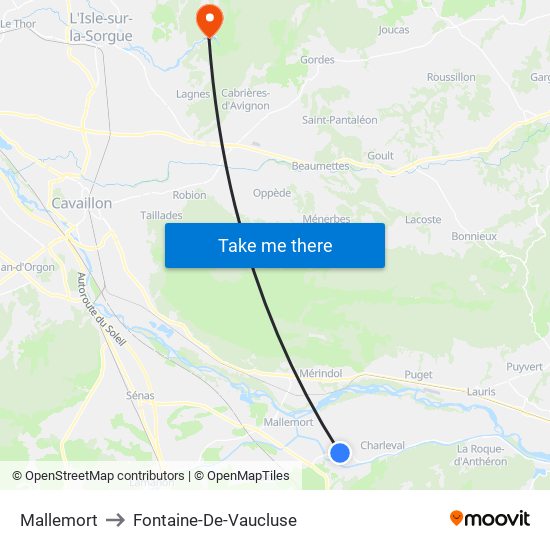 Mallemort to Fontaine-De-Vaucluse map