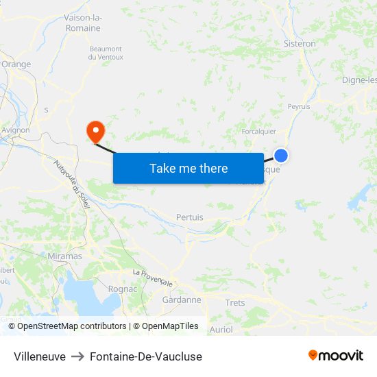 Villeneuve to Fontaine-De-Vaucluse map