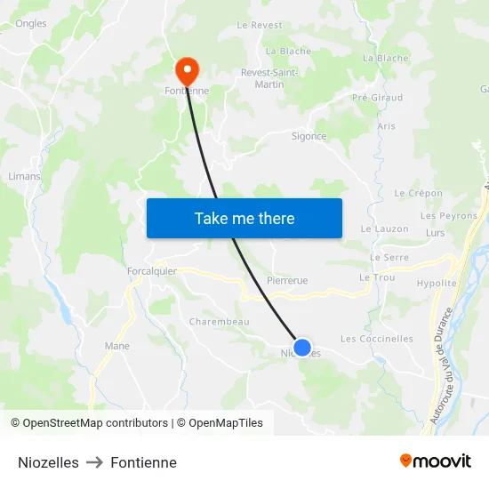 Niozelles to Fontienne map