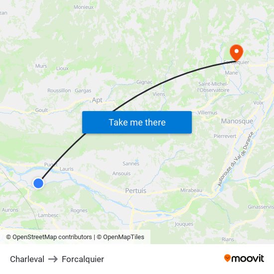 Charleval to Forcalquier map