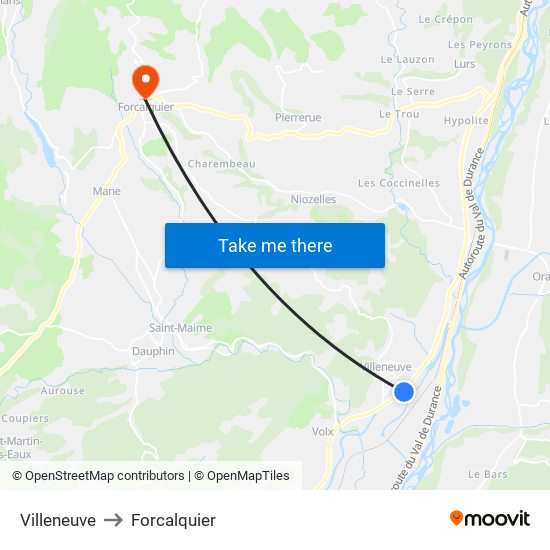 Villeneuve to Forcalquier map