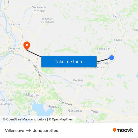 Villeneuve to Jonquerettes map