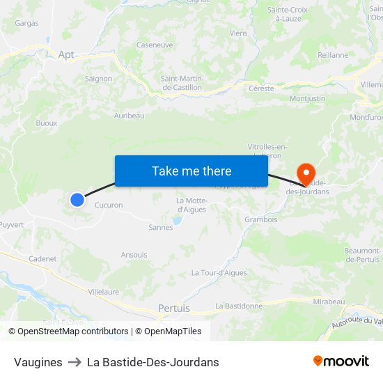 Vaugines to La Bastide-Des-Jourdans map