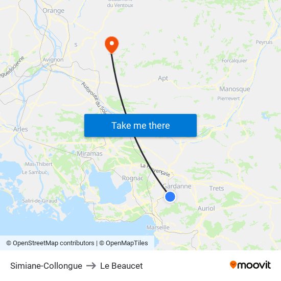 Simiane-Collongue to Le Beaucet map