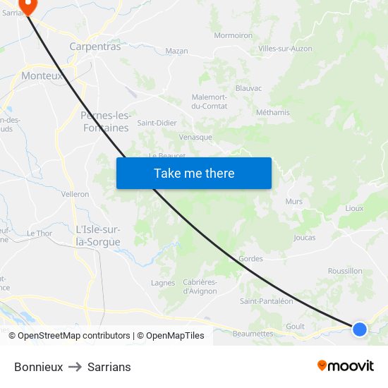 Bonnieux to Sarrians map