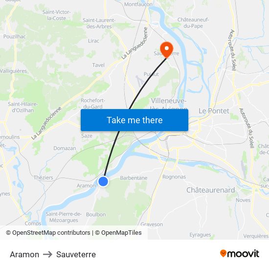 Aramon to Sauveterre map