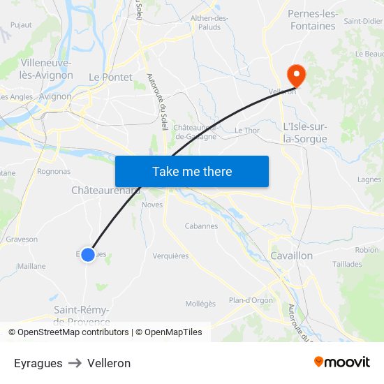 Eyragues to Velleron map