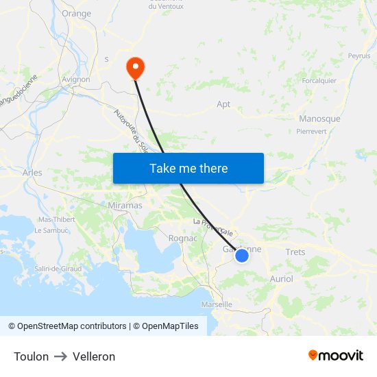 Toulon to Velleron map