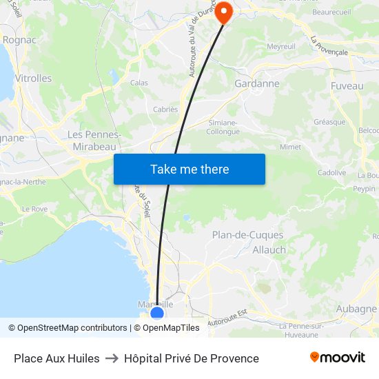 Place Aux Huiles to Hôpital Privé De Provence map