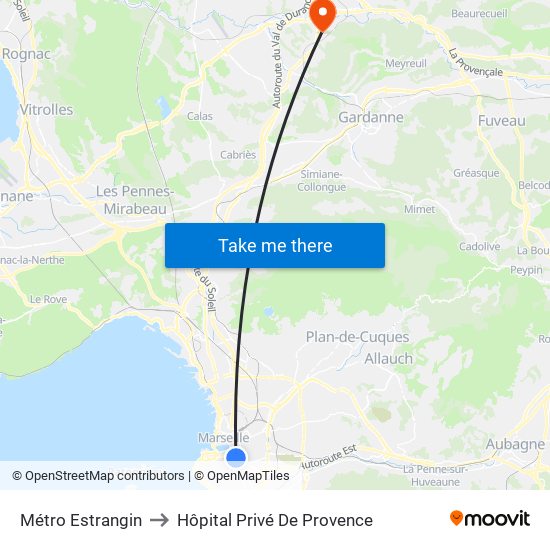 Métro Estrangin to Hôpital Privé De Provence map