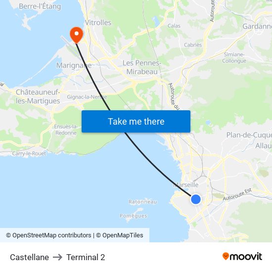 Castellane to Terminal 2 map