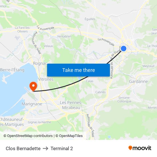 Clos Bernadette to Terminal 2 map