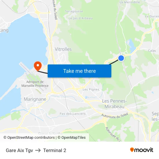 Gare Aix Tgv to Terminal 2 map