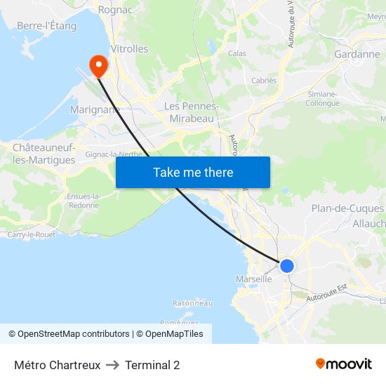 Métro Chartreux to Terminal 2 map