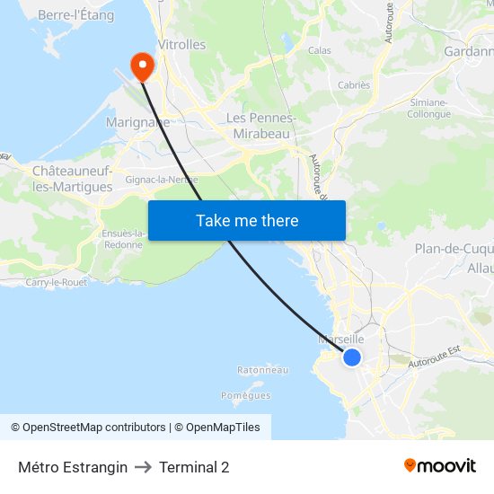 Métro Estrangin to Terminal 2 map