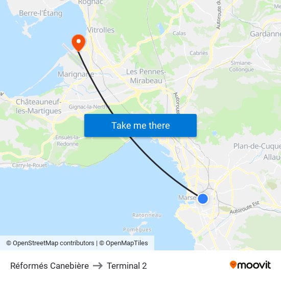 Réformés Canebière to Terminal 2 map