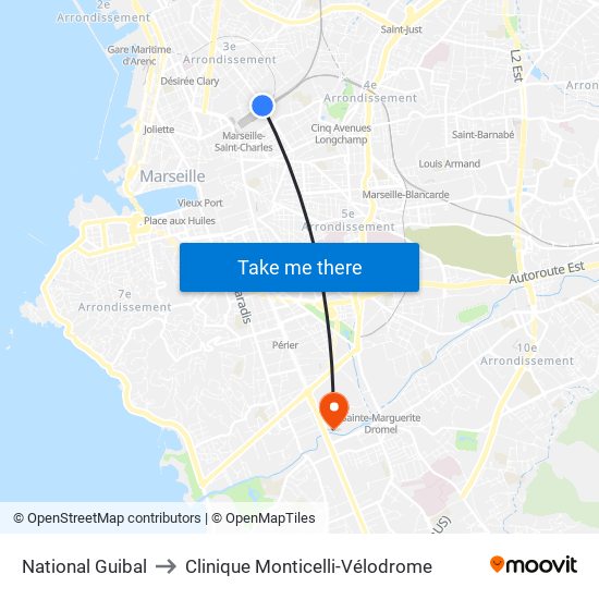 National Guibal to Clinique Monticelli-Vélodrome map