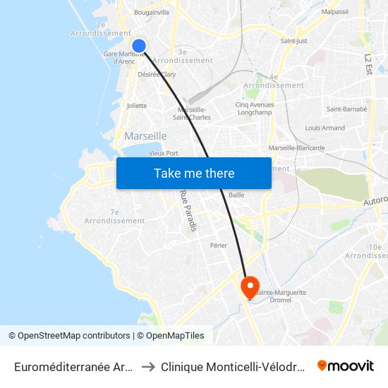 Euroméditerranée Arenc to Clinique Monticelli-Vélodrome map